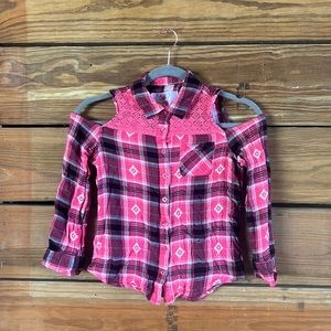 Girls Justice cold shoulder western plaid shirt